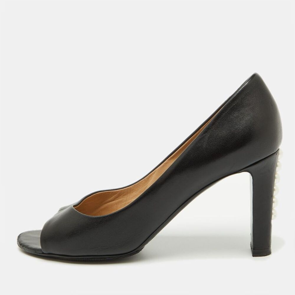 Chanel Black Leather Open Toe Pearl Heel Pumps Size 39